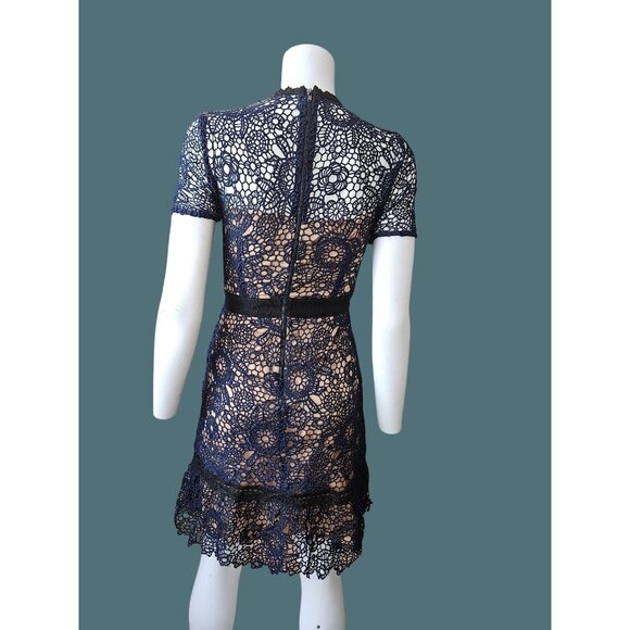 Aqua Floral Crochet Lace Feminine Chic Boho Navy/Black Lined Dress Women XS - Picture 5 of 14